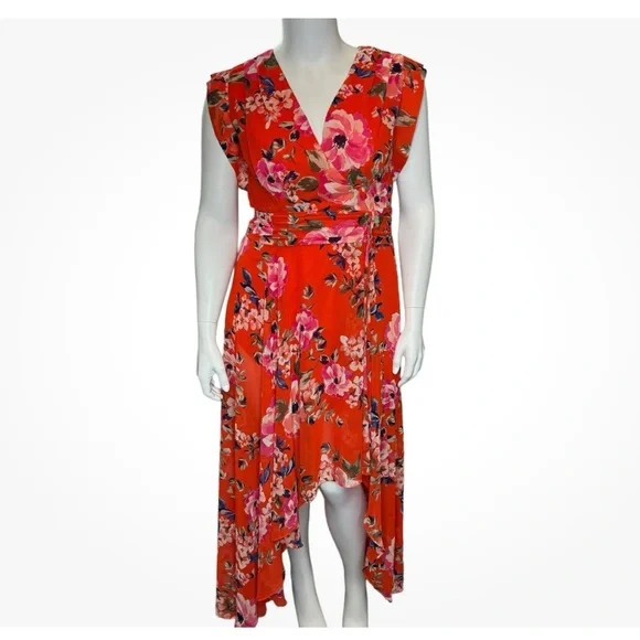 Eliza J Orange Pink Floral Chiffon High Low Maxi Dress Size 14 Cottagecore